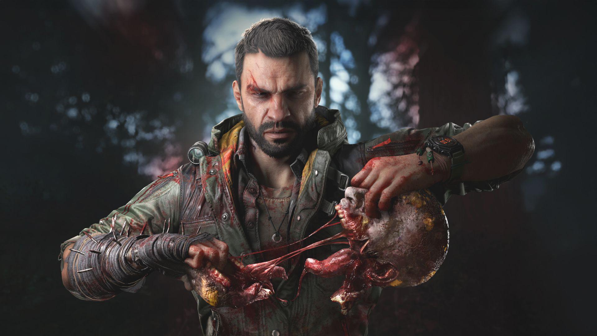 بهترین بازی های ترسناک - Dying Light: The Beast key art showing protagonist Kyle Crane pulling apart the skull of a zombie