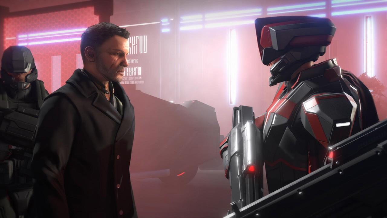 اسکرین شات XCOM-2 از مردی با زره کامل که تفنگ در دست دارد و با مرد دیگری صحبت می کند که یک افسر کلاه خوددار پشت سرش ایستاده است. بهترین بازی های علمی تخیلی.