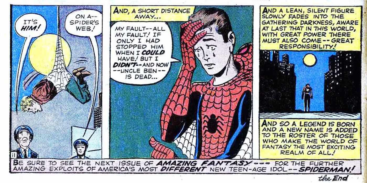 تحول شخصیت های Marvel: Comic panel featuring the first time "With Great Power Comes Great Responsibility" was said in a Spider-Man story