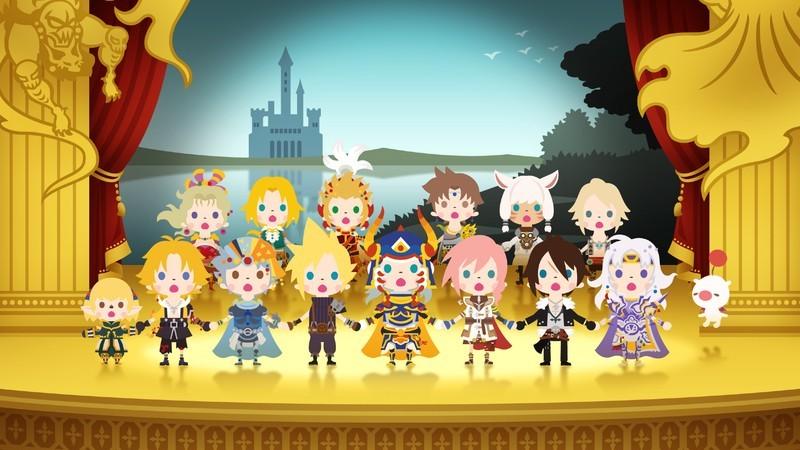 A screen shot of Theatrhythm Final Fantasy: Curtain Call, with the characters holding hands and singing on a stage, یکی از بهترین بازی های Nintendo 3DS.