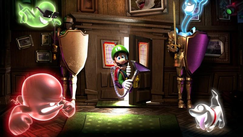 Luigi scared by a door while four ghosts fly around in Luigi's Mansion: Dark Moon, از بهترین بازی های Nintendo 3DS.