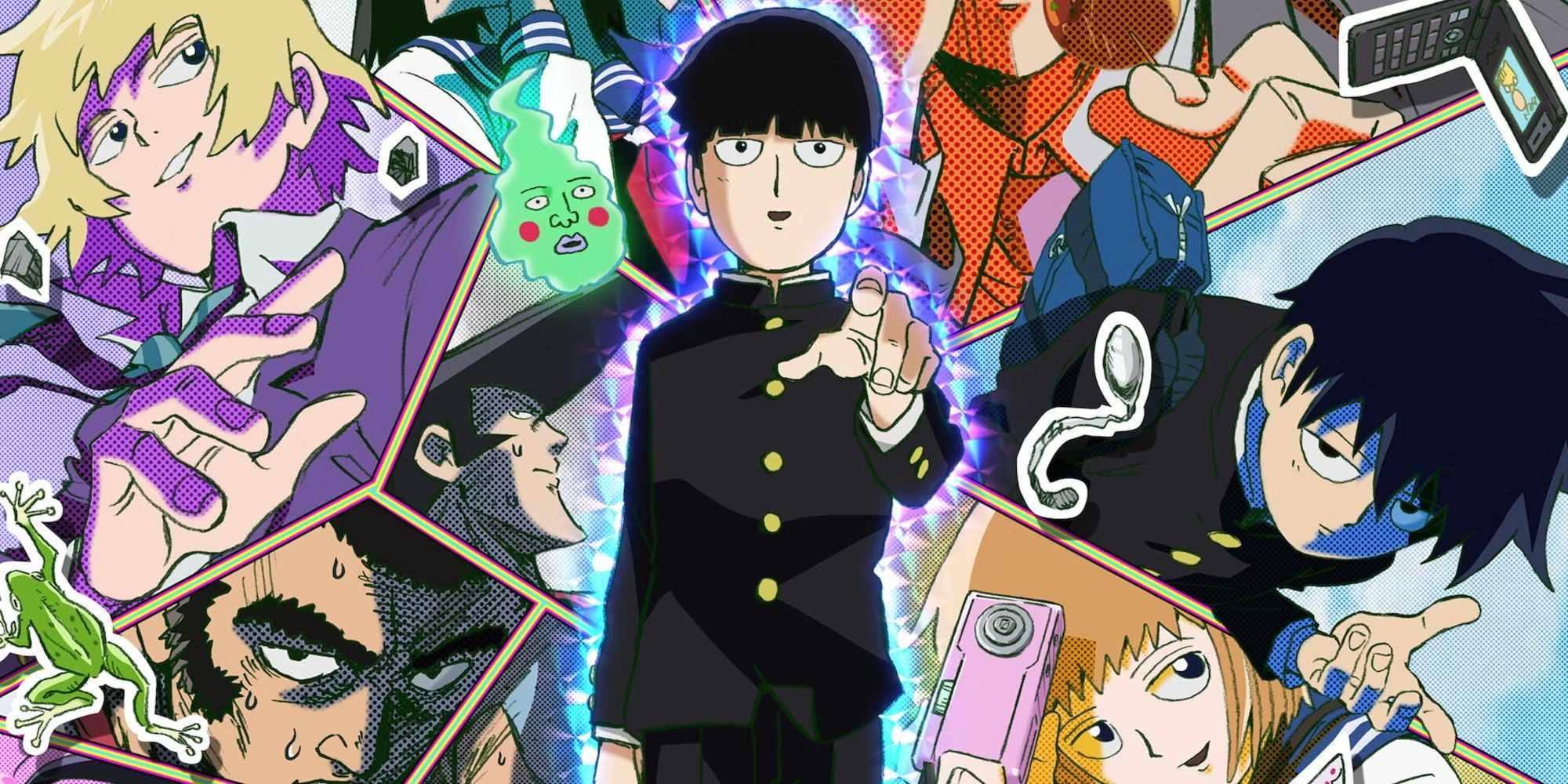 پوستر Mob Psycho 100 که موب را احاطه شده با تصاویر دوستانش نشان می دهد، اثری تحسین شده که از نظر بسیاری بهتر از One-Punch Man است