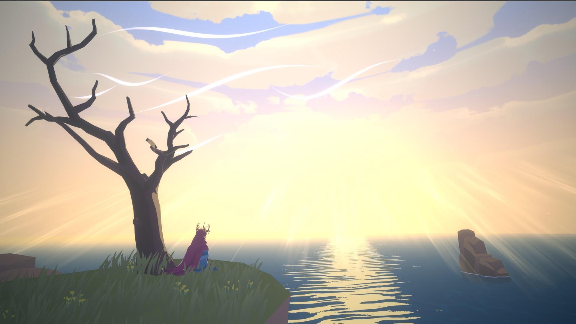 نگاهی به دریا در نزدیکی یک درخت خشکیده در بازی Demi and the Fractured Dream شبیه Zelda