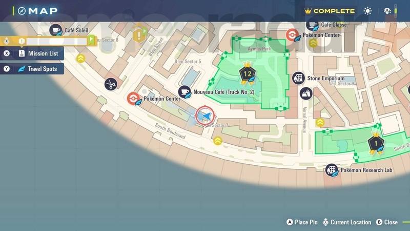 محل های Eevee در Pokemon Legends: Z-A: اسکرین شات نقشه مکان ایوی (Eevee) در Vert Sector 7.