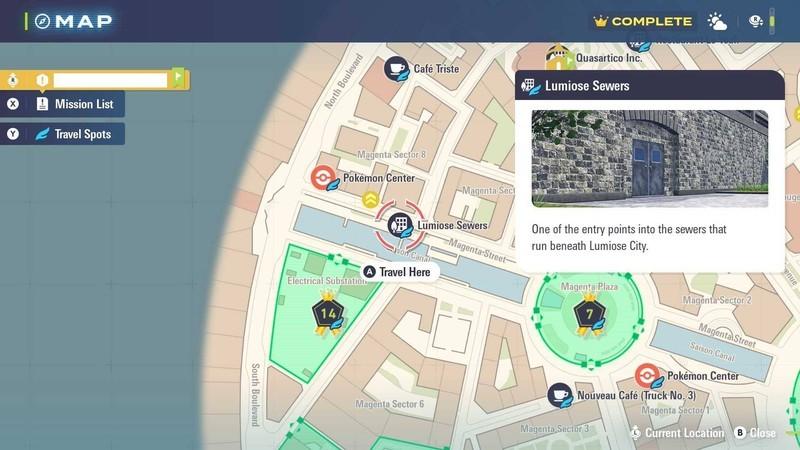 نقشه کامل Pokemon Legends: Z-A: ورودی فاضلاب های Lumiose کنار Saison Canal.