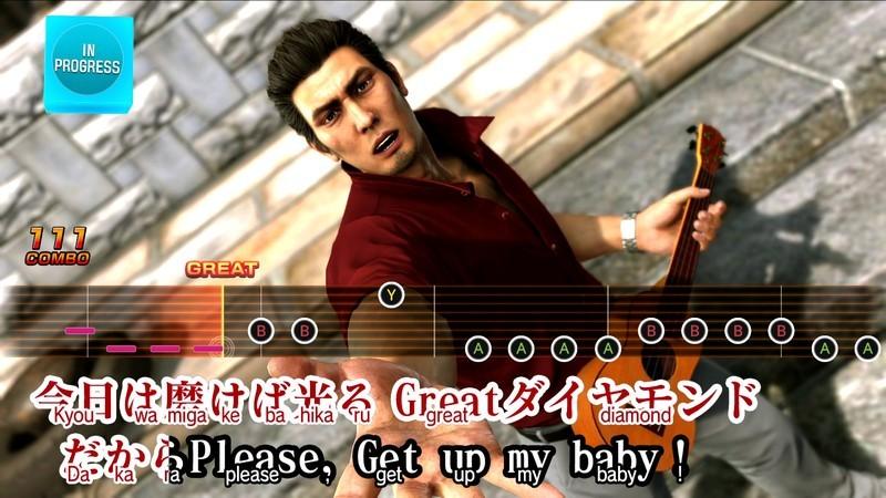 Kiryu sings karaoke, a cutaway showing him in a sunny town playing an acoustic guitar, in Yakuza 6 - an English line in the song has him pleading: &quot;Please, get up my baby!&quot;. این بازی از جمله بهترین بازی های Yakuza است.