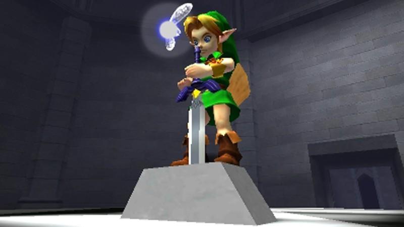 بهترین بازی های Zelda: اسکرین شات Ocarina of Time 3D لینک رو در حال بیرون کشیدن شمشیرش از سنگ نشون میده