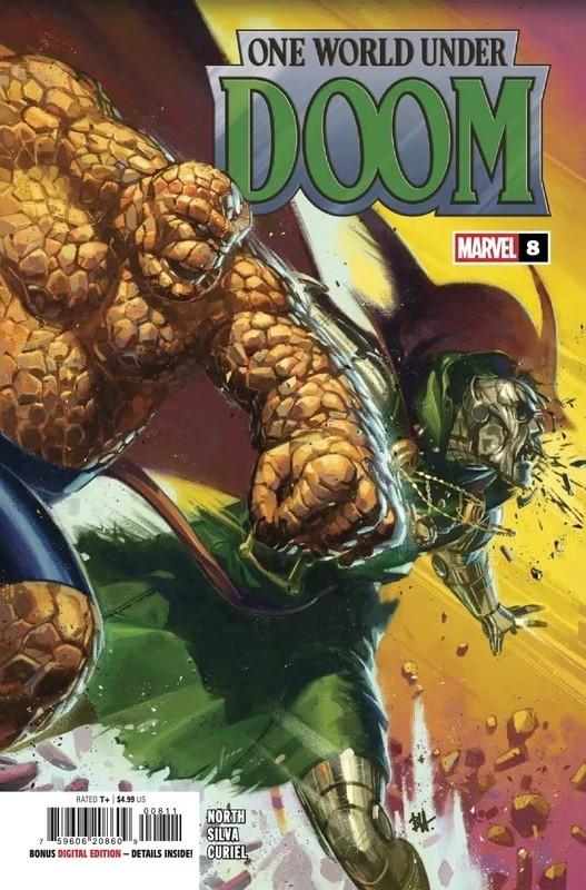 ثینگ در کاور One World Under Doom #8 به صورت Doctor Doom مشت می زنه؛ بخشی از داستان والریا ریچاردز و دکتر دووم.