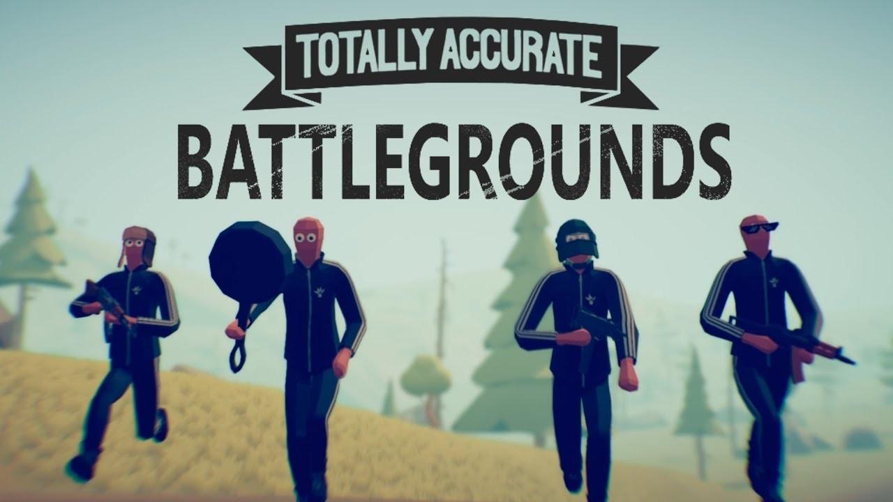 The title screen from Totally Accurate Battlegrounds showing four player characters with guns and a hexagonal melee weapon, running across a field with trees behind them, یکی از بهترین بازی های بتل رویال