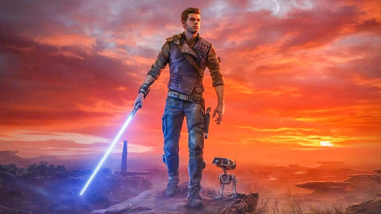 کاور آرت Star Wars Jedi: Survivor از کال و یک ربات کوچک همراه که روی صخره ای ایستاده اند و خورشید در پشت سر او در حال غروب است. او یک لایت سیبر آبی در دست دارد. بهترین بازی های علمی تخیلی.