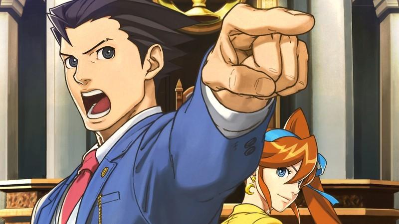 A close up of Phoenix Wright yelling and pointing during a court case in the 3DS game Phoenix Wright: Ace Attorney - Dual Destinies, از بهترین بازی های Nintendo 3DS.