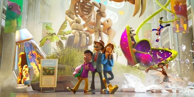 تصویر اصلی Two Point Museum با خانواده ای که جلوی نمایشگاه های موزه پر از هرج و مرج ایستاده اند، یک بازی برای خستگی و سرگرمی.