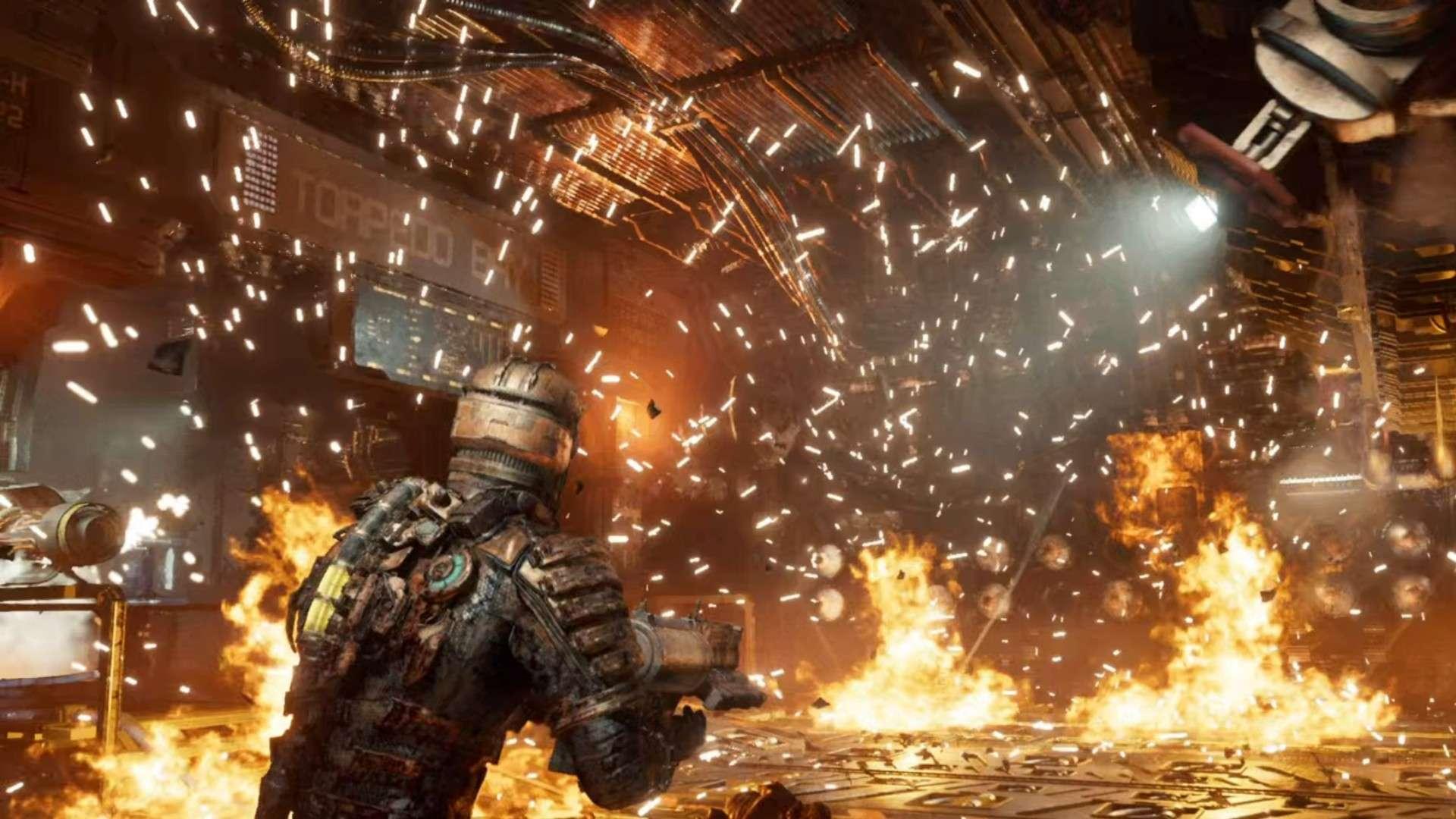 اسکرین شات Dead Space Remake از آیزاک در فضای داخلی در حال سوختن ایشیمورا. بهترین بازی های علمی تخیلی.