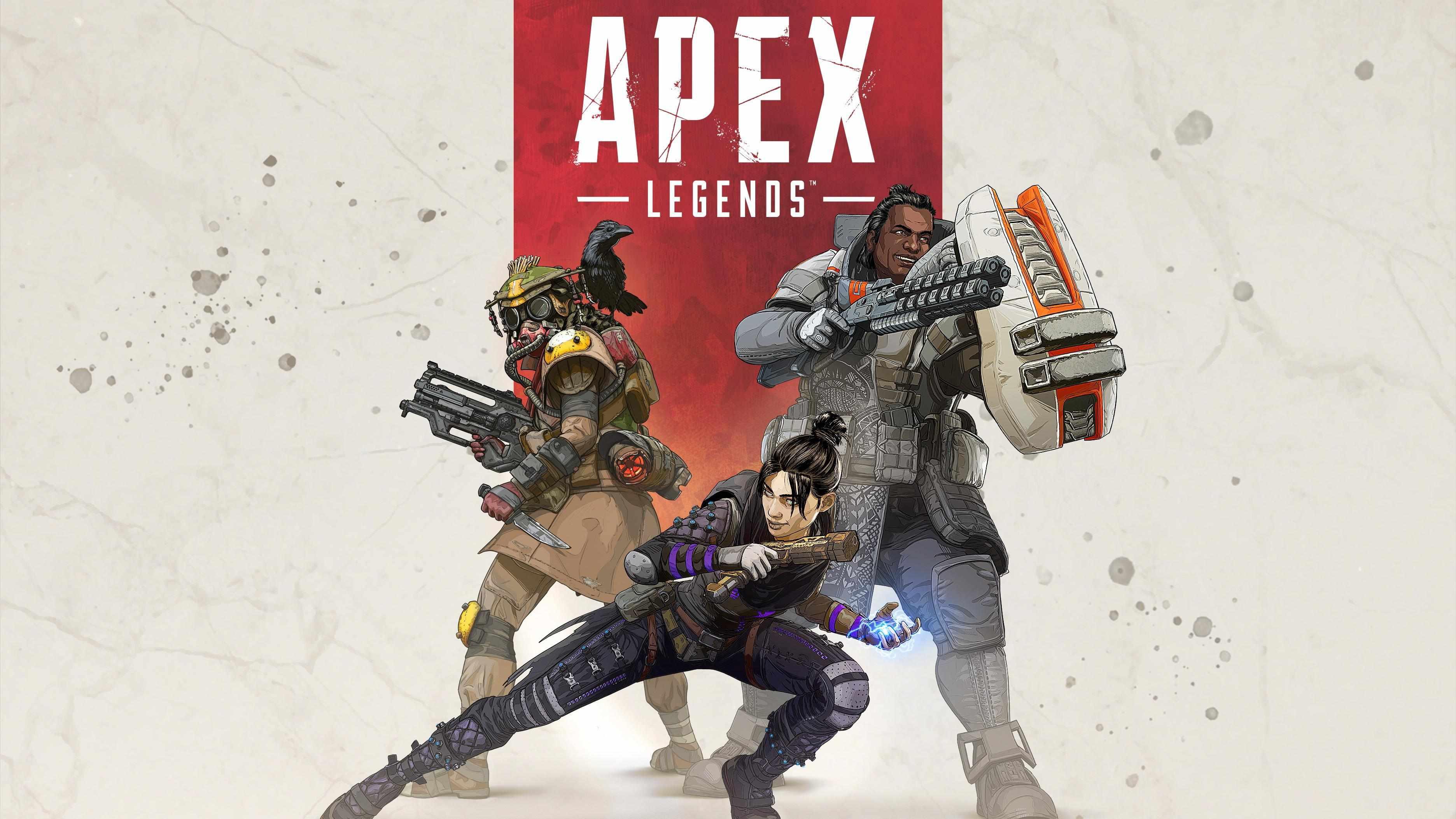 The title screen for Apex Legends showing three heroes with respective firearms, یکی از بهترین بازی های بتل رویال
