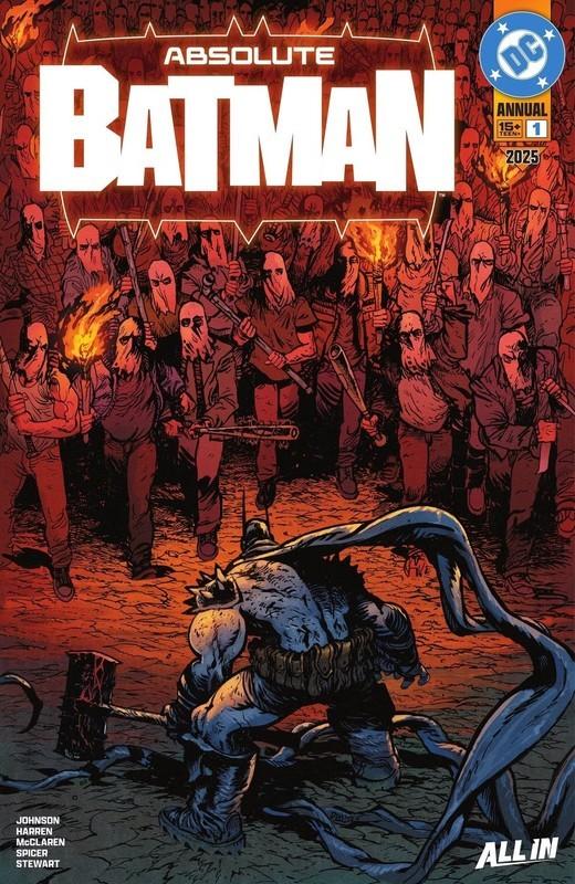 روی جلد Absolute Batman Annual 2025 #1 که Absolute Batman بی رحم را در حال رویارویی با نژادپرستان سفیدپوست نشان می دهد.