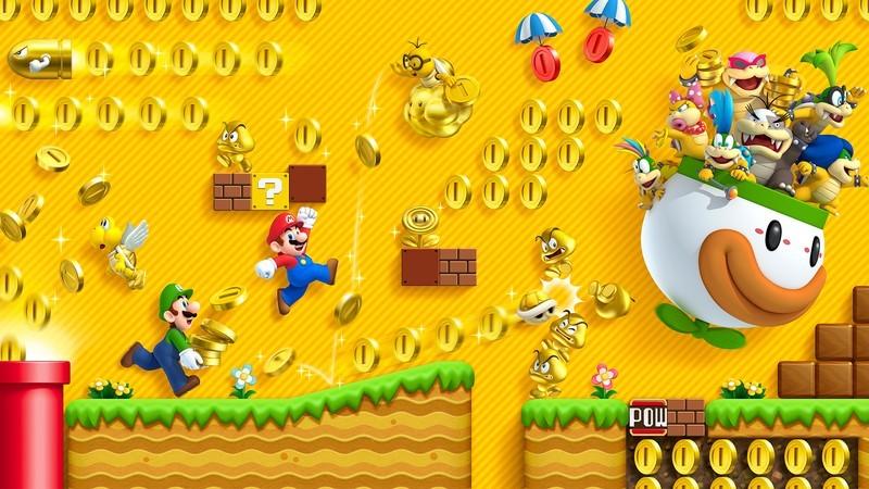 Mario and Luigi collecting coins and chasing the Koopalings in the 3DS game New Super Mario Bros. 2, از بهترین بازی های Nintendo 3DS.