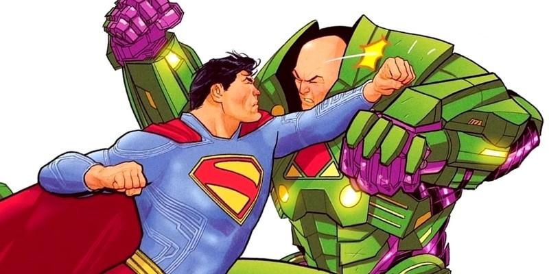 Superman با بازی دیوید کورنسوت در حال مبارزه با Lex Luthor با لباس جنگی (Warsuit) در پستی از اعلامیه Man of Tomorrow. جیمز گان بعد از Man of Tomorrow