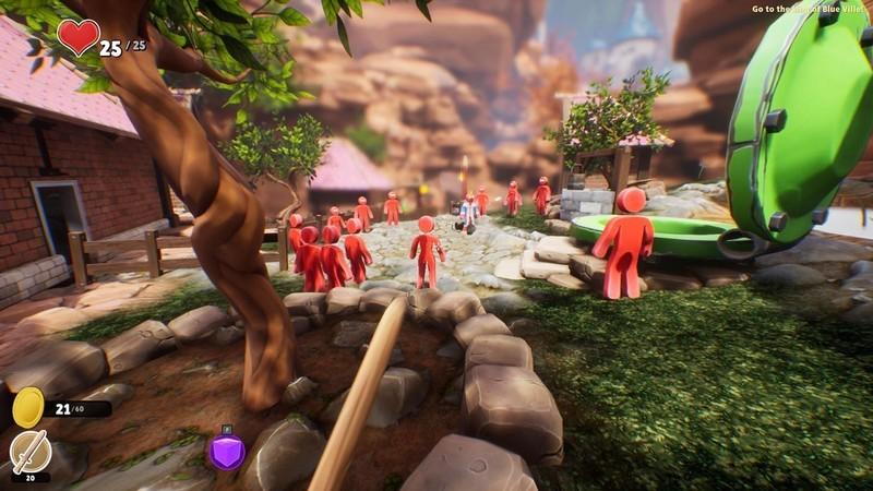 A screenshot of red stick men seen from first-person in Supraland, یکی از بهترین بازی های Metroidvania.