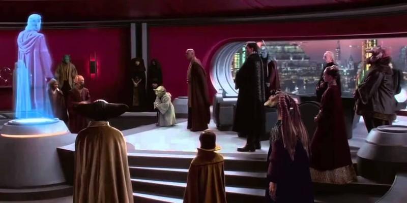 Jar Jar, Palpatine, and the Jedi stand in Palpatine's office with Obi-Wan as a hologram in Attack of the Clones - قدرت های نادیده گرفته شده Star Wars