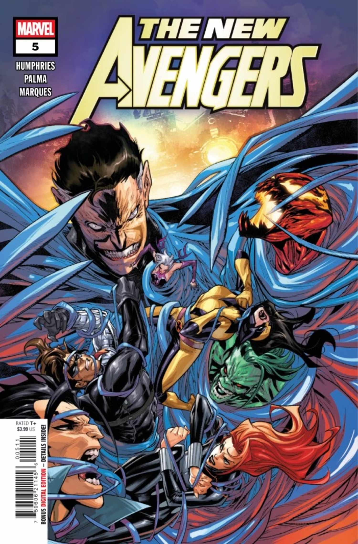 کاور New Avengers #5، تیم در حال مبارزه با رید ریچاردز شرور، با اشاره به اینکه Hawkeye بدترین Avengers نیست