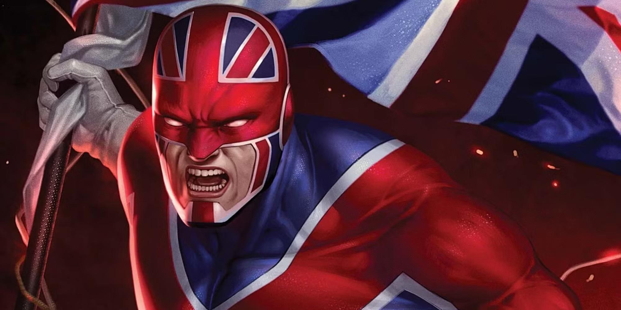 برایان براداک پرچم Union Jack را در کاور کمیک Captain Britain حمل می کند، شخصیت های مارول مورد انتظار