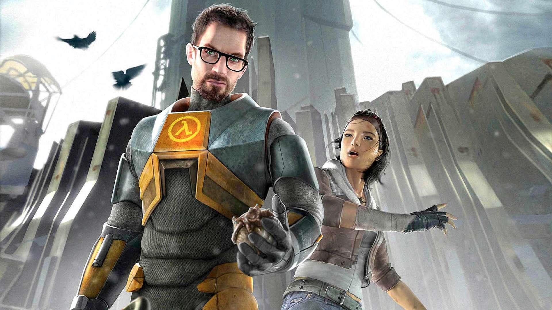 اسکرین شات Half-Life 2 از دو شخصیت در مقابل یک سازه بلند و بزرگ، یکی با لباس فضایی و دیگری با لباس روزمره. بهترین بازی های علمی تخیلی.