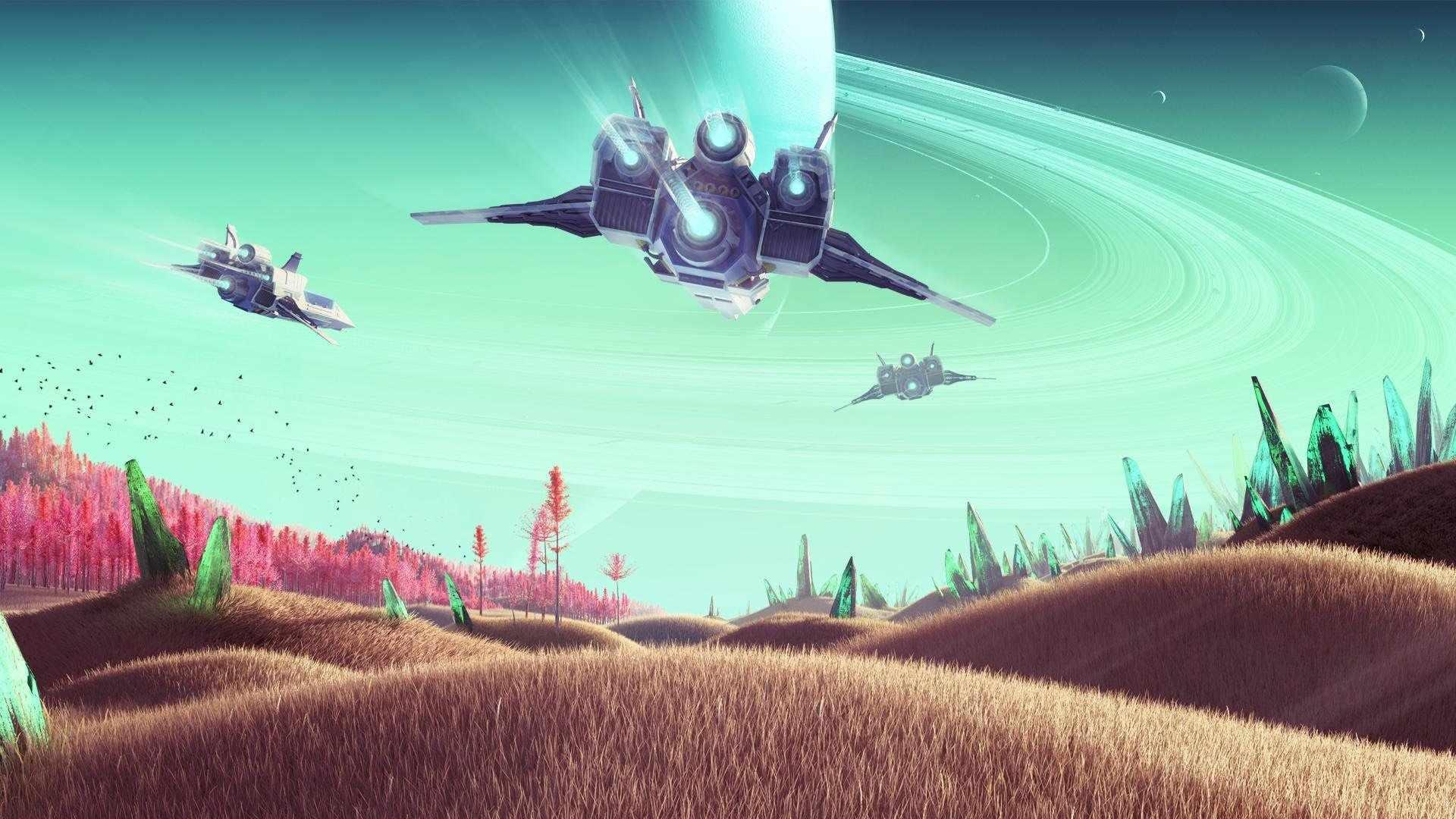 هنر مفهومی No Man&#039;s Sky از سه سفینه فضایی که در ارتفاع کم بر فراز یک سیاره بیگانه پرواز می کنند. بهترین بازی های علمی تخیلی.