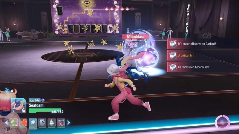 نکات بازی Pokemon Legends: Z-A: A screenshot of a battle sees a Greninja avoiding a Moonblast attack from a Carbink.