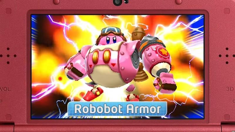 Kirby: Planet Robobot screenshot showing Kirby on the 3DS screen wearing Robobot Armor, از بهترین بازی های Nintendo 3DS.