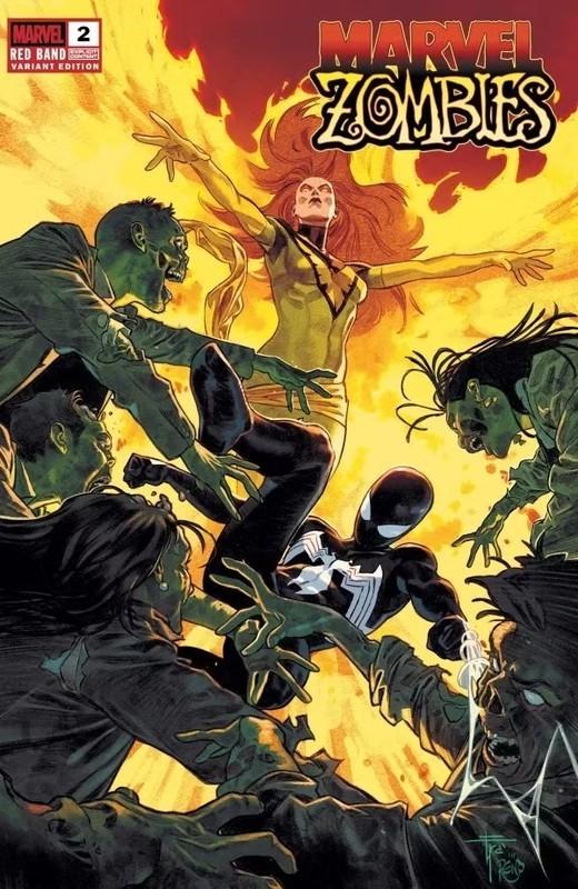 تصویر کاور Marvel Zombies Red Band #2: جین گری و سیمبیوت اسپایدرمن در حال مبارزه با مردگان متحرک، با اشاره به پتانسیل یک ری بوت Spider-Man 2 ترسناک