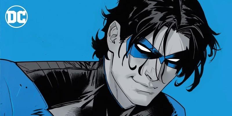 تصویر روی جلد نایت وینگ به رنگ مشکی و آبی با چوب های اسکریمای او - Mason Thames Nightwing در DCU آینده