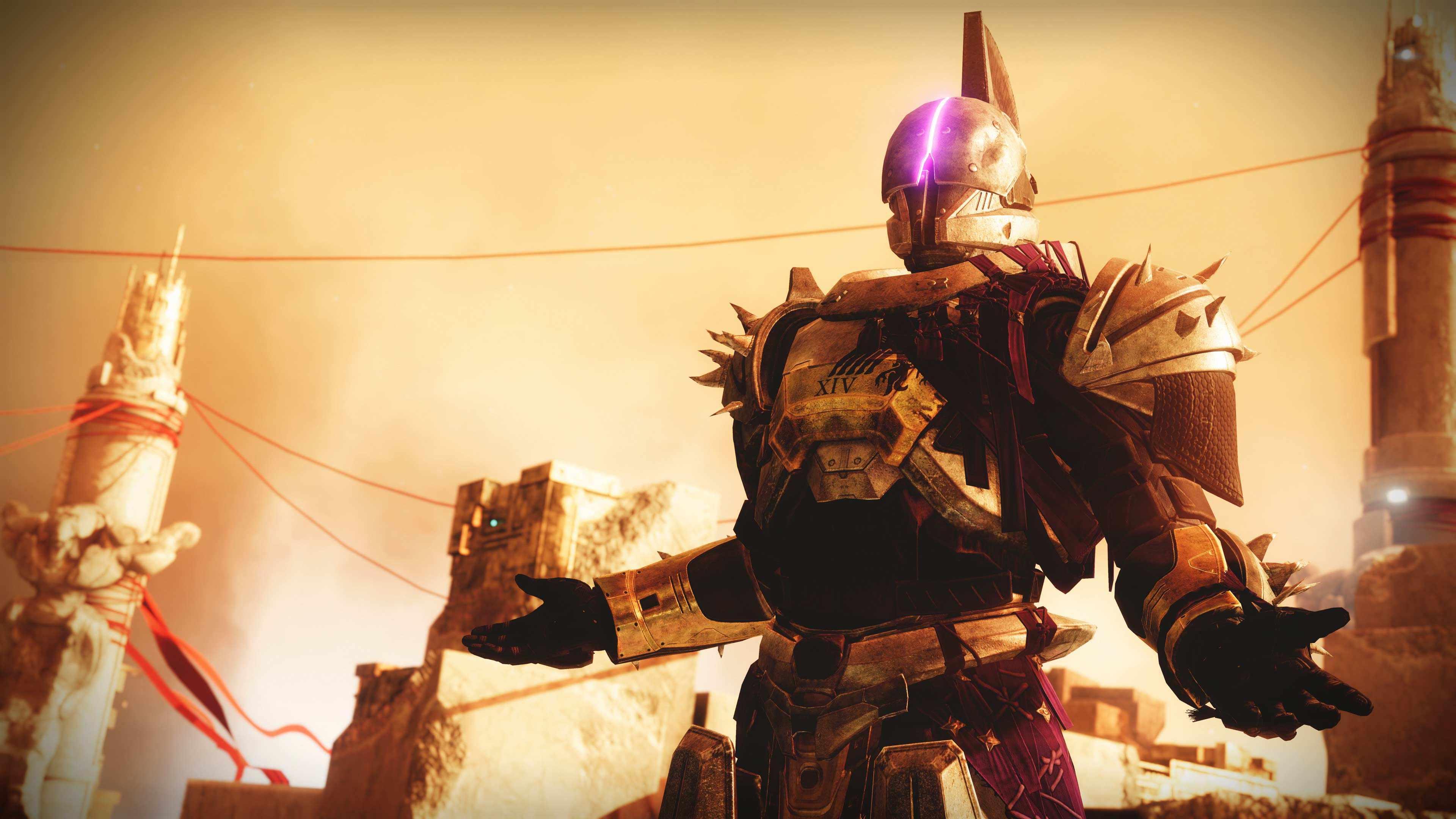 اسکرین شات Destiny 2 از یک شخصیت با زره کامل و کلاه ایمنی، که در مقابل یک قلعه در حال فروپاشی در پس زمینه ایستاده است. بهترین بازی های علمی تخیلی.