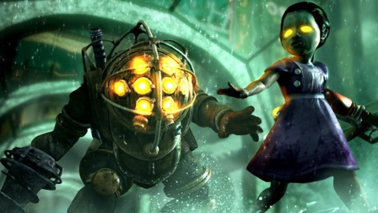 بهترین بازی های علمی تخیلی - هنر مفهومی Bioshock از یک دختر کوچک با چشمان زرد درخشان و یک ربات که به سمت او دست دراز کرده است. بهترین بازی های علمی تخیلی.