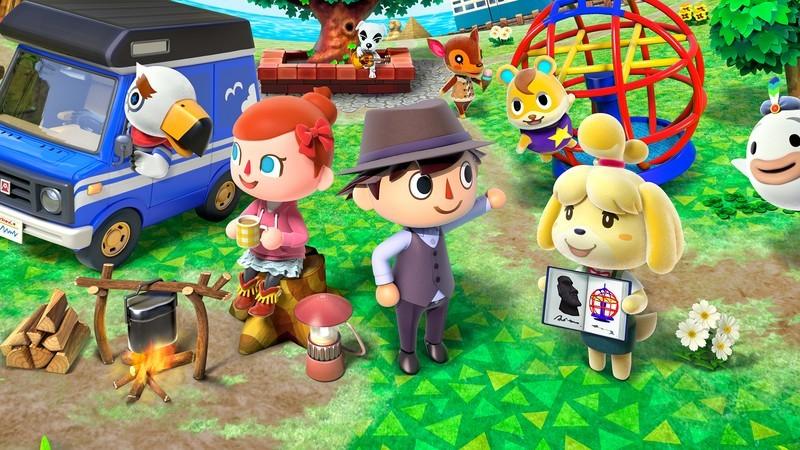A screenshot of Animal Crossing: New Leaf, featuring two villagers camping and talking to multiple animal friends, از بهترین بازی های Nintendo 3DS.
