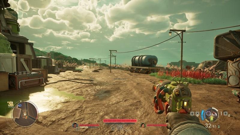 Exploring Outer Worlds 2 Paradise Island while holding a bio pistol