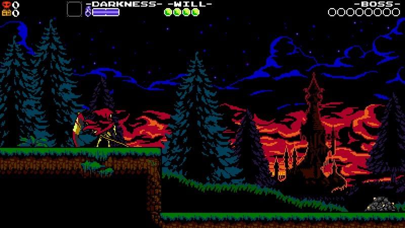 The Specter Knight standing in the middle of a forest at night during the 3DS game Shovel Knight, از بهترین بازی های Nintendo 3DS.