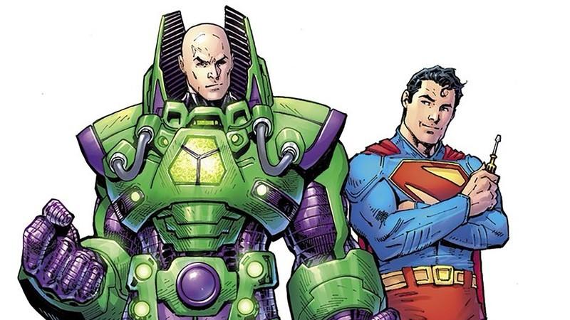 تصویر مفهومی Superman 2 اثر جیم لی که سوپرمن را در حال گرفتن پیچ گوشتی و همکاری با لکس لوتر در لباس زرهی بنفش و سبز او نشان می دهد، بخشی از فیلم و سریال های جدید DC