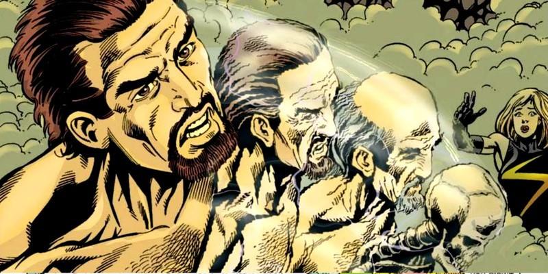 صحنه ای از جنجال کمیک Avengers #200: مارکوس ایمورتوس در حالی که Ms Marvel تماشا می کند به سرعت پیر می شود