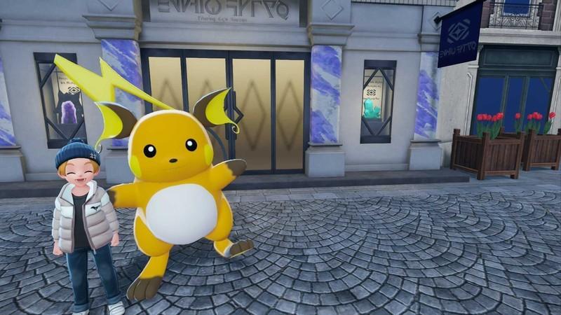 تصویری از Raichu که جلوی Stone Emporium در تکامل پوکمون Pokemon Legends: Z-A ایستاده است.
