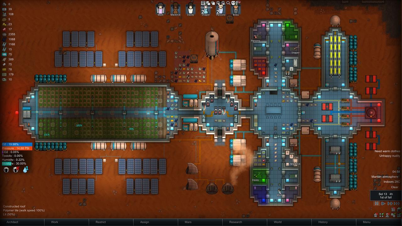 اسکرین شات RimWorld از نمای هوایی صفحه اصلی بازی، که اتاق های مختلف سفینه فضایی را نشان می دهد. بهترین بازی های علمی تخیلی.
