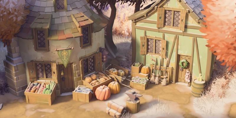 دو ساختمان سنگی که در Tiny Glade توسط جعبه های سبزیجات در برف احاطه شده اند، یک بازی خلاقانه برای خستگی.