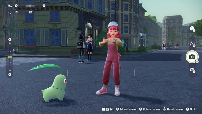 نکات بازی Pokemon Legends: Z-A: A Chikorita and a trainer in Photo Mode.