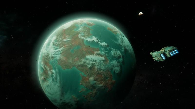 A space ship flying towards a lush green planet for Outer Worlds 2 Paradise Island