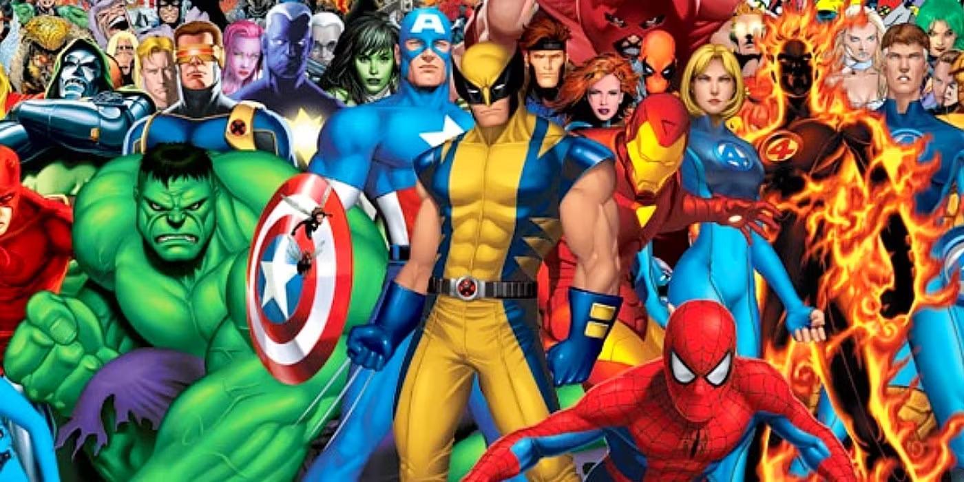 تصویری از قهرمانان مارول، از جمله Spider-Man، Wolverine، Iron Man، Hulk و بقیه، که بر اهمیت داستان مرگ Spider-Man و Wolverine تاکید می کند.