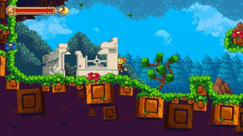 A screenshot of greenery-covered ruins in Iconoclasts, یکی از بهترین بازی های Metroidvania.