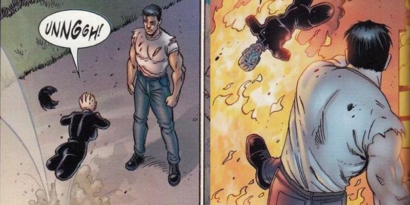Punisher: تاریک ترین قتل - فرانک کستل یک زن بدون دست و پا را به داخل آتش پرتاب می کند