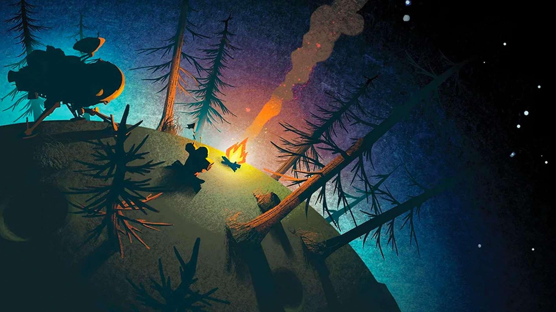 کاور آرت Outer Wilds از یک جنگل کم پوشش با یک آتش اردو در مرکز، که دود می کند. بهترین بازی های علمی تخیلی.