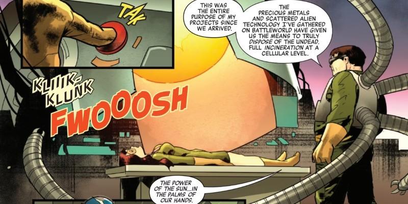 دکتر اختاپوس در حال آماده شدن برای سوزاندن جین گری در Marvel Zombies Red Band #2، یادآور لحظات پرتنش یک ری بوت Spider-Man 2 ترسناک