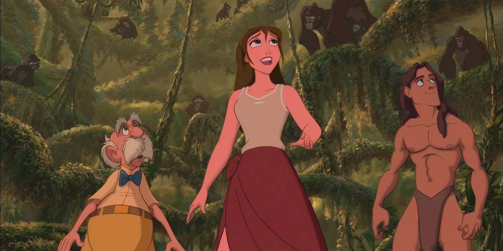 Tarzan looking at the gorillas with Professor Porter and Jane in 1999 Disney animated movie, یکی از برترین فیلم های دیزنی دهه نود