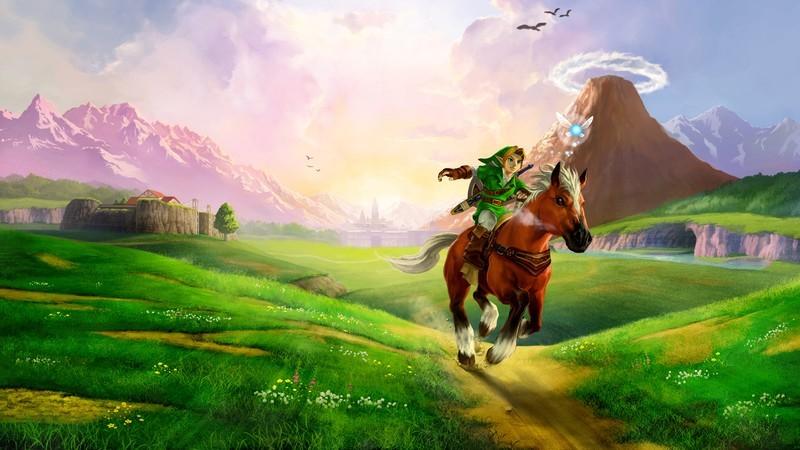 Link riding a brown horse across Hyrule in The Legend of Zelda: Ocarina of Time 3D, از بهترین بازی های Nintendo 3DS.